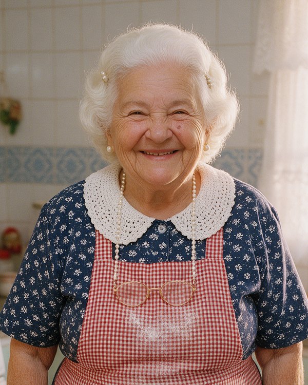 A Vovó Ana sorrindo, de avental xadrez